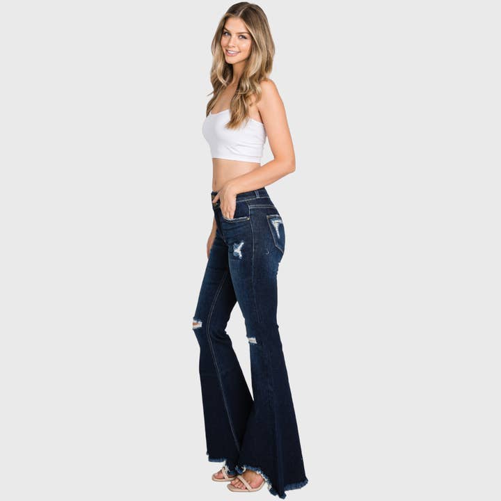 Petra153 - Wholesale Jeans - Women's - PZ301F-DK (PETITE) DISTRESSED HIGH RISE STRETCH SUPER FLARE4