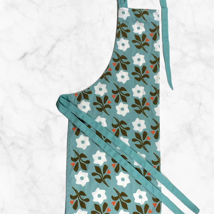 Blue Floral 432 Design Apron with Hearts, Adjustable Strap for wholesale by 432 Design