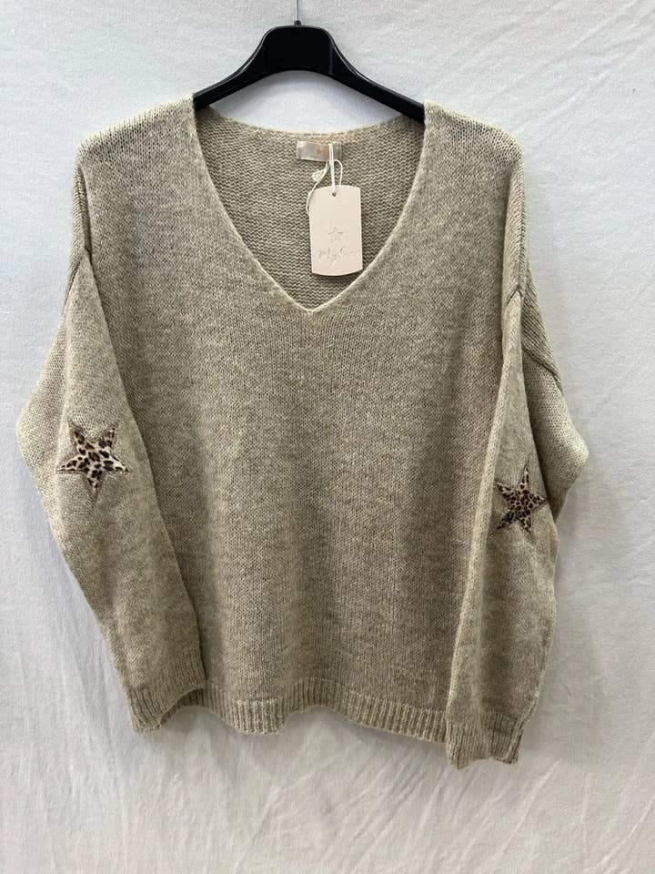 Mimi & Gogo - Wholesale Knit Sweater - Women's - Sweater With Two Leopard Stars @23630_Pul2EtoileLeo1