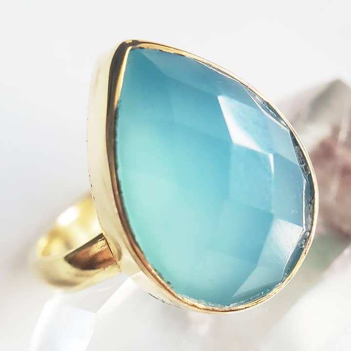 Chalcedony Blue Faceted Teardrop Ring- Sterling or 18kt Vm. for wholesale by Flotsam & Co. Hawaii