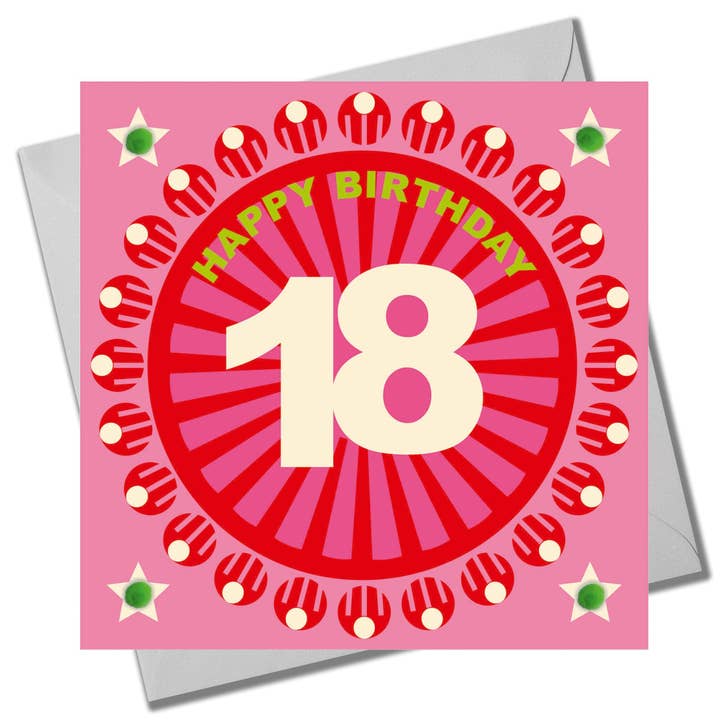 Födelsedagskort, Ålder 18 - Rosa Cirkel, Grattis på 18-årsdagen, Utsmyckad med pompoms för wholesale av Claire Giles Ltd