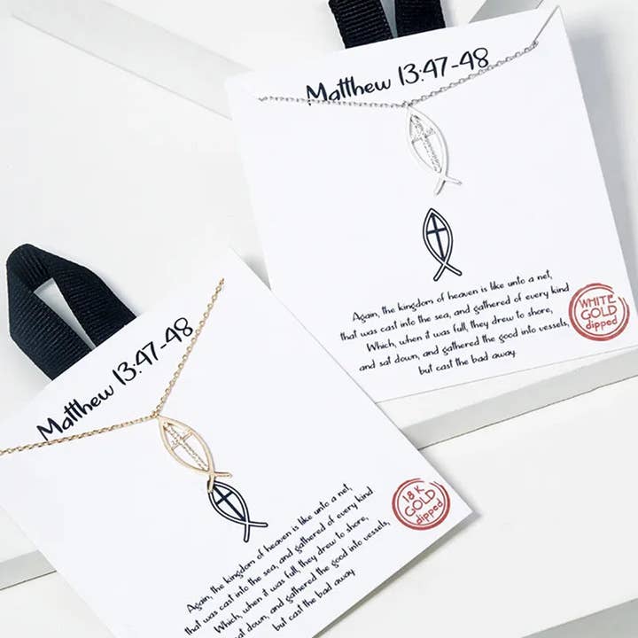 Wild Honey - Wholesale Pendant/Charm Necklace - 18K Gold Dipped Cz Pave Fish With Cross Pendant Necklace2