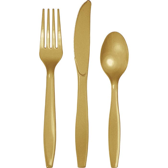 Bulk Glittering Gold Assorted Plastic Cutlery (12 Pkgs per Case) for wholesale by Bulk Party Decor