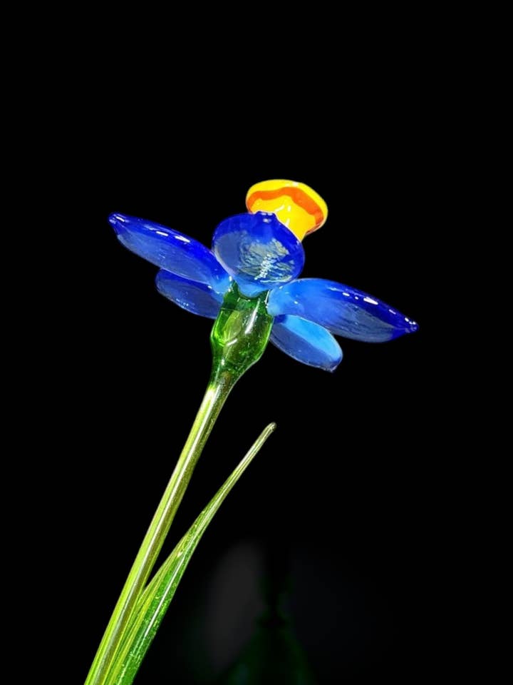 Blue Glass Daffodil - Handcrafted Long Stem Flower for wholesale by Glass by Iness