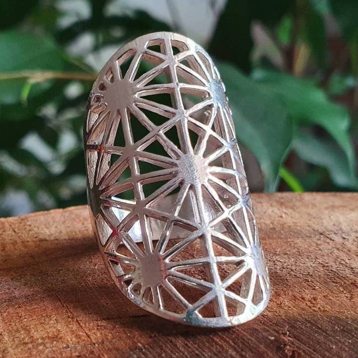 Large Geometric Stars Silver Ring / Boho / Ethnic / Rustic / Festival / Tribal / Hippie / Gypsy / Psy / Thumb / Psy for wholesale by Kaali Boutique