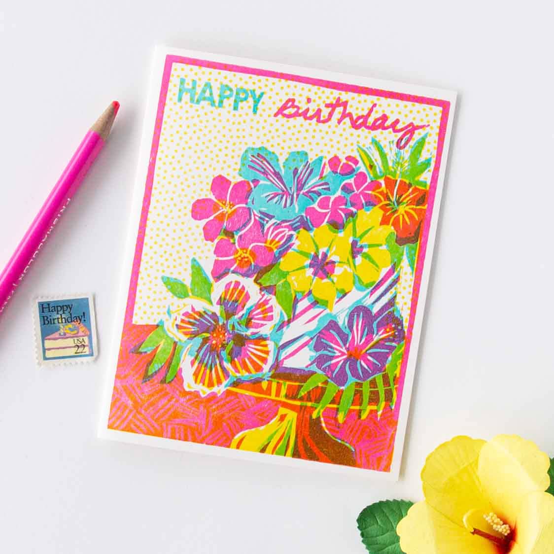 Heartell Press - Wholesale Birthday Card - Happy Birthday (Tropical Floral Cake) Letterpress Card2