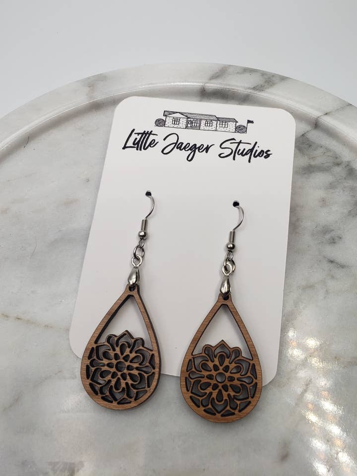 Handmade Wooden Mandala Inspired Earrings for wholesale by Little Jaeger Studios