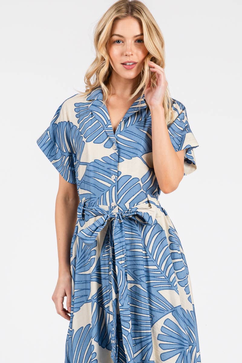 B I G H I T Fashion - Wholesale Dress - Women's - Palm Print Short Sleeve Button-Down Maxi Dress HD3020-BLUE12