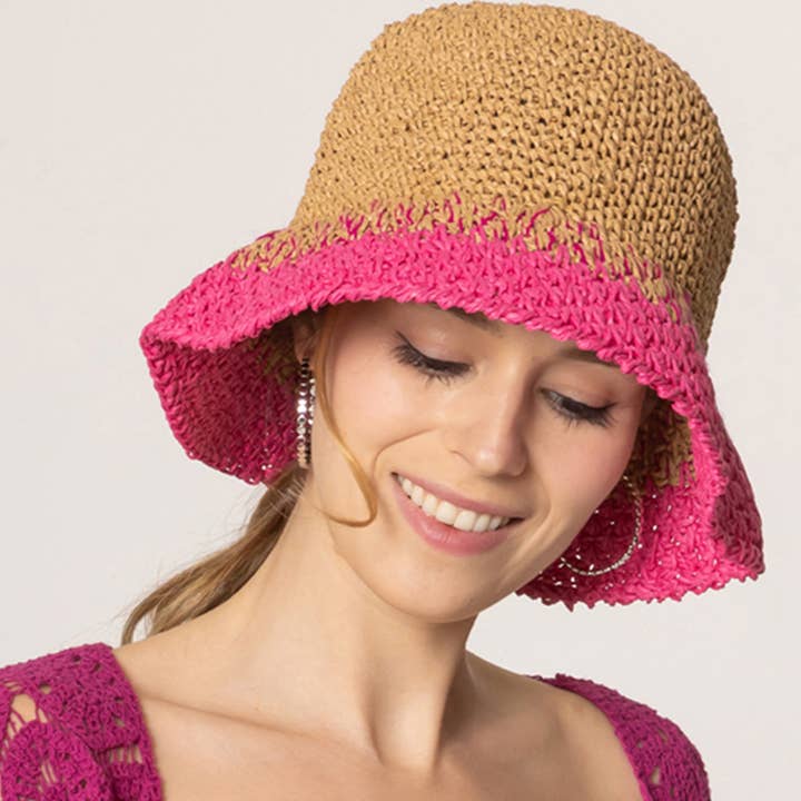 Two Tone Color Block Straw Bucket Hat for wholesale by Fashion City