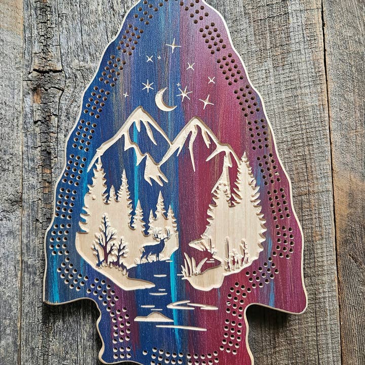 Knotty Pine Woodworks - Wholesale Board Game - Arrowhead cribbage board- Moonlight Mountain Scene