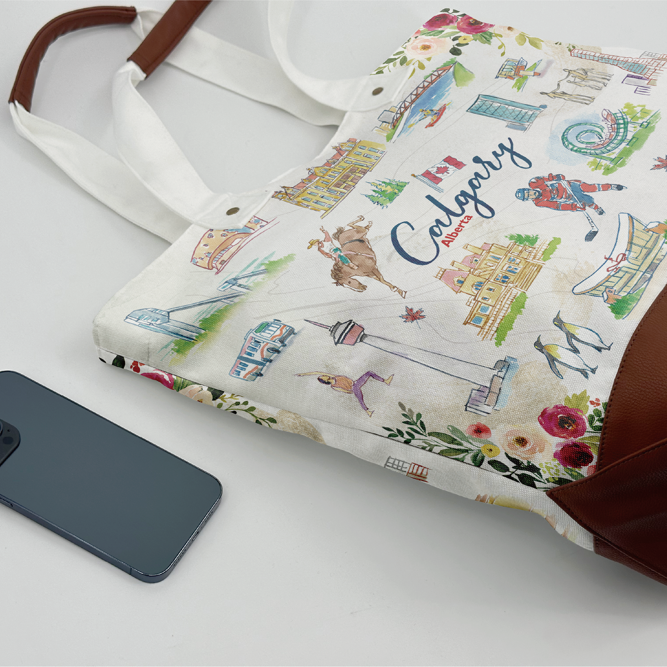 Northern Icons Canada - Wholesale Tote Bag - Women's - Calgary Alberta Canvas Tote Bag – Illustrated Canadian City Travel Carryall1