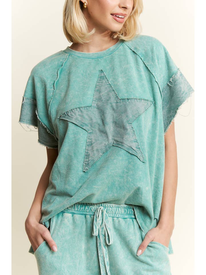J.Her - Wholesale Blouse - Women's - Mineral Washed Denim Star Sleeveless top HT6250