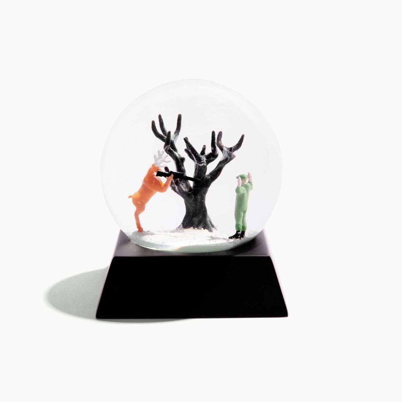Demented Penguins - Wholesale Snow Globe - "Bambi's Revenge" Snow Globe Deer vs. Hunter Snowglobe