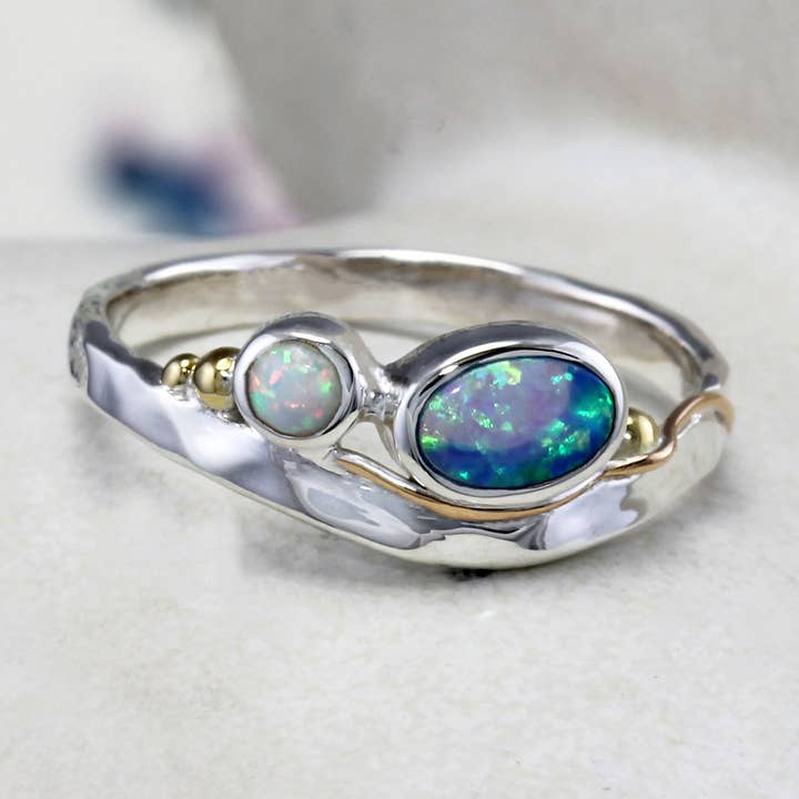 Handmade Two Opalite Sterling Silver Ring for wholesale by Banyan Jewellery