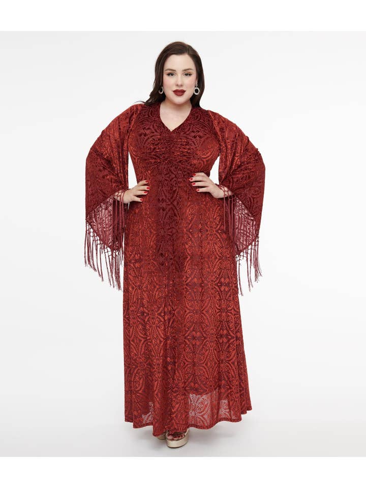Unique Vintage - Wholesale Dress - Women's - Smak Parlour Plus Size 1970s Burgundy Velvet Burnout Fringe Sleeve Maxi Dress