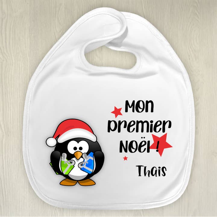Personalised first Christmas bib penguin pattern for wholesale by Tendance Cadeau