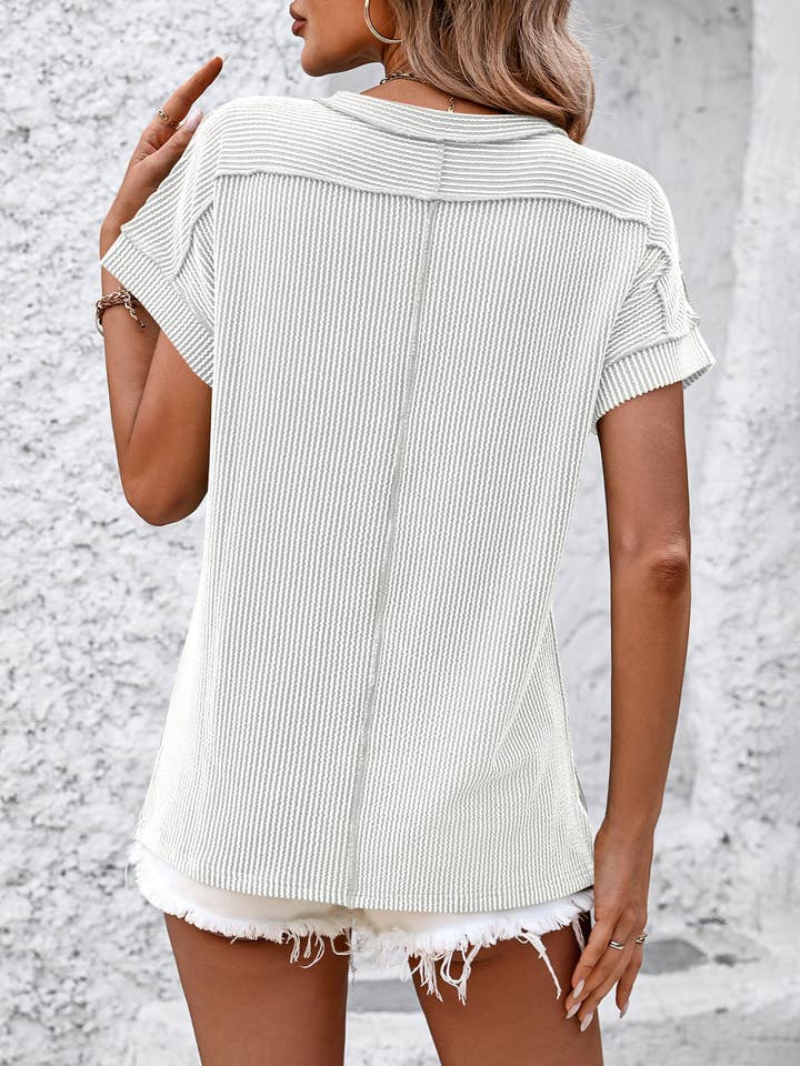 Lovesoft - Wholesale Knit Top - Women's - Backstitch Strip Short Sleeve Knit Casual T Shirts