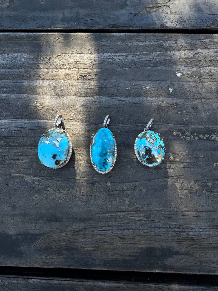 Iranian Turquoise Pendant with Diamond Border for wholesale by ILISSA MICHELE JEWELRY