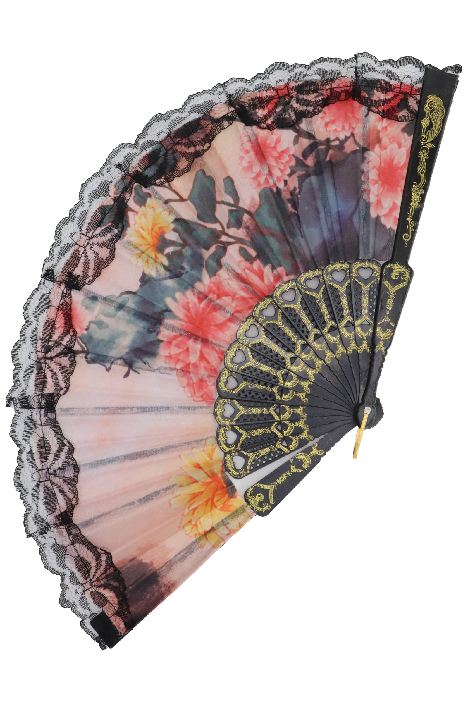 Cap Zone - Wholesale Handheld Folding Fan - Sheer Floral Black Lace Trim Hand-Held Folding Fan6