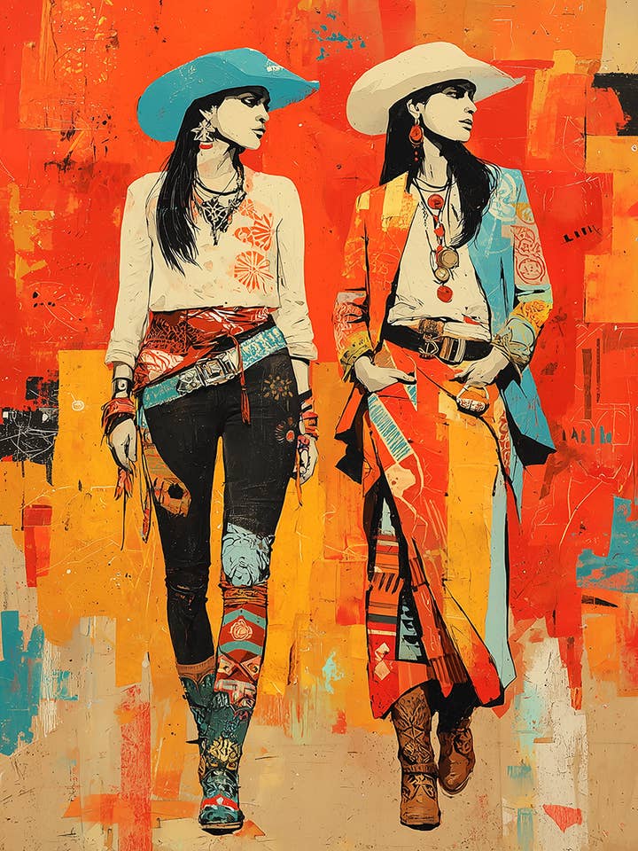 Two Cowgirls Eyeing the Herd Art Print - Cowgirls & Country Girls 8"x10" Artwork for 11"x14" Frame for wholesale by Mowbi
