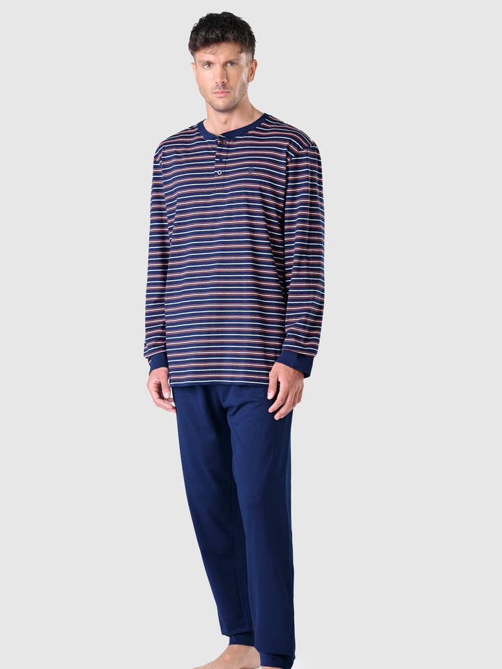 Men's Long Pajamas with Striped Knit Pajamas - Blue 5309 for wholesale by El Búho Nocturno