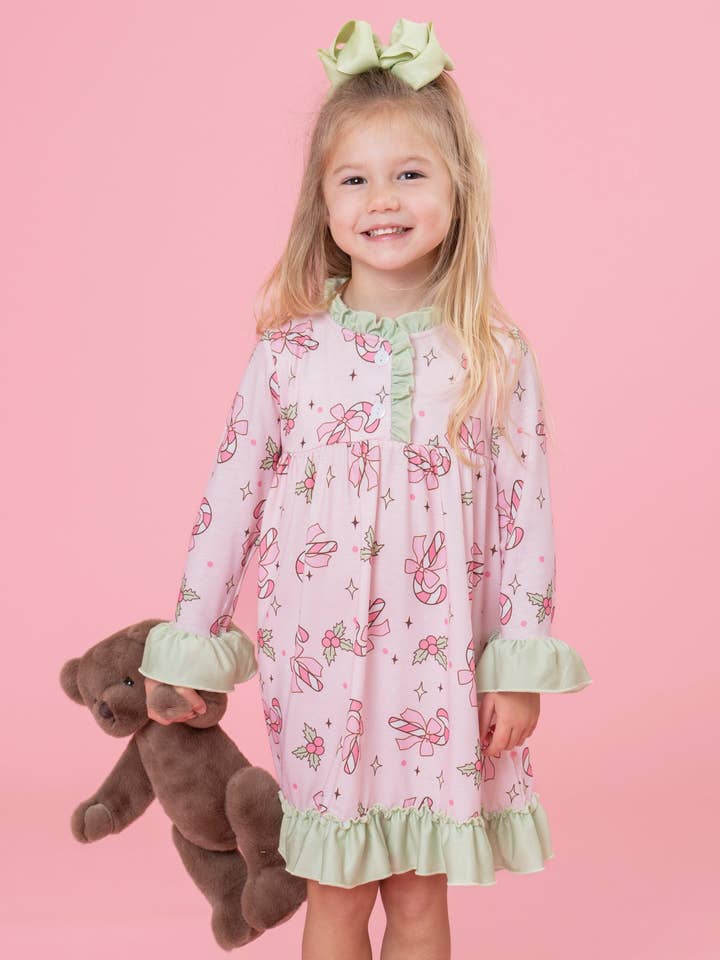 Candy Cane Snuggle Ruffled Nightgown for wholesale by Marie Nicole Clothing