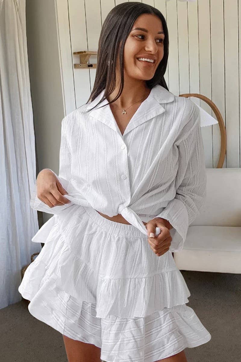 WHITE CWSPJ0175_LONG-SLEEVED SHORTS PAJAMAS AND HOME WEAR SET for wholesale on Faire0