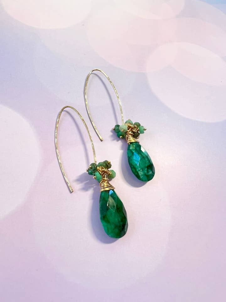 Emerald Briolette and Cluster Earrings in 14k Gold Filled! for wholesale by Diana Wingert Jewelry