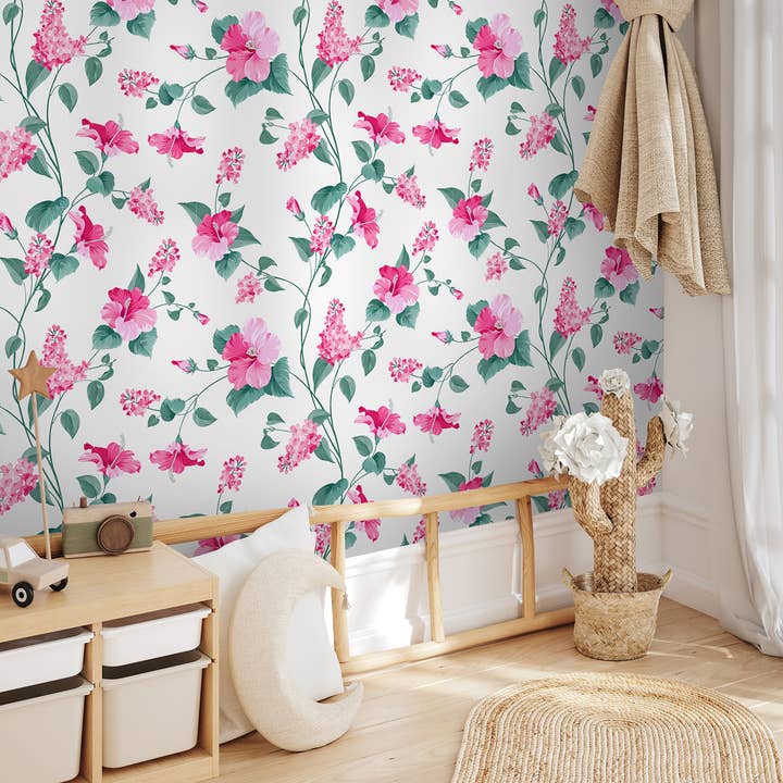 Roze Bloemen Kinderkamer Behang, Zachte Botanische Muurmuurschildering voor wholesale door SimurgWallArts