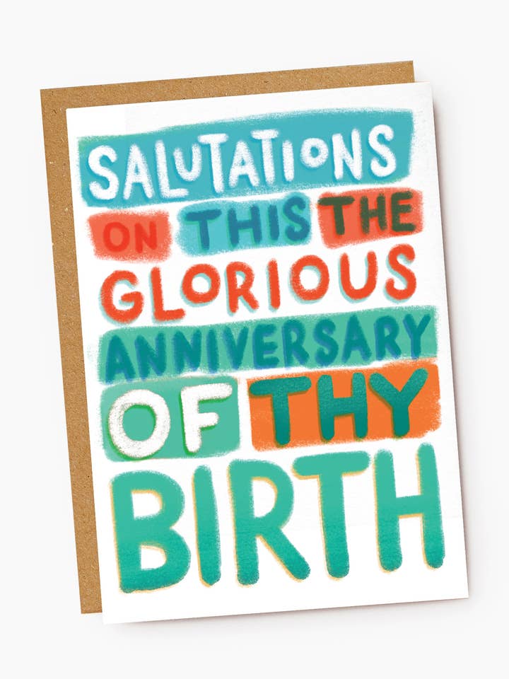 Salutations Geburtstagskarte mit lustigem Schriftzug für den Großhandel von Jade Fisher