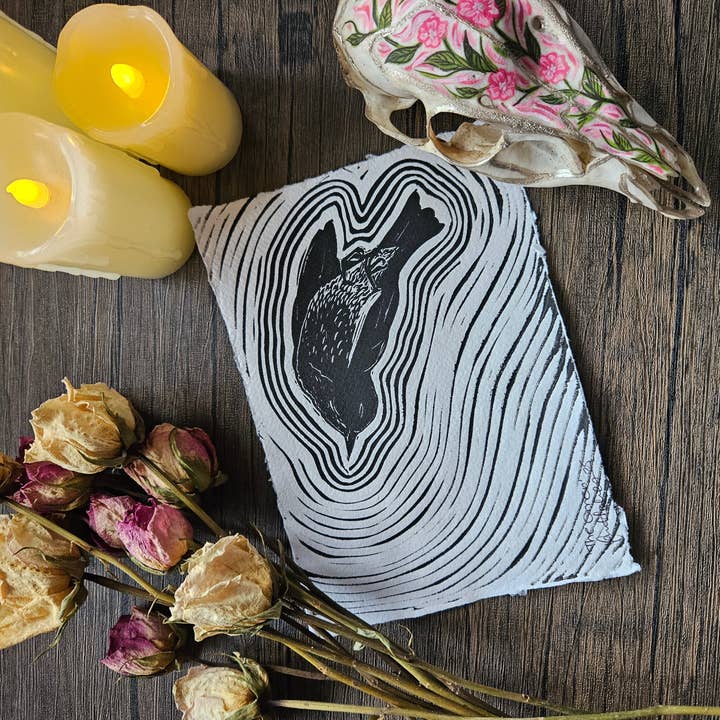 The Omen A5 lino print for wholesale by Minifi's Oddities