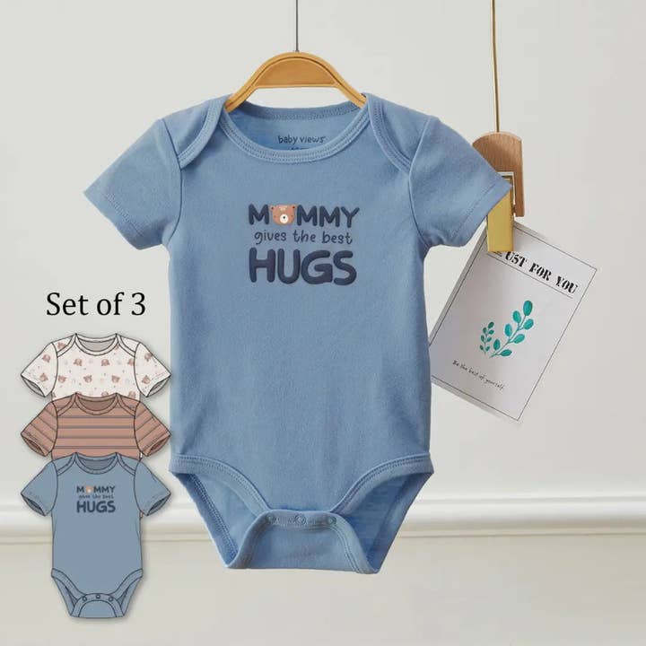 Pack of 3 Baby Bear Mommy Hugs Pattern Bodysuits for wholesale by Lollipop Dreams