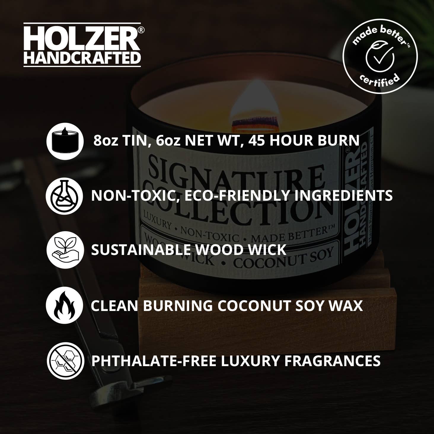 Holzer Handcrafted ® - Wholesale Jar/Filled Candle - Wood Wick Candle Lakeside Spa Retreat - Driftwood + Juniper + Vetiver Scented | Natural | Hand-poured Coconut Soy Wax | 6 oz Modern Black Tin with Lid | Handmade | Non-toxic Phthalate-free Luxury Fragrance3