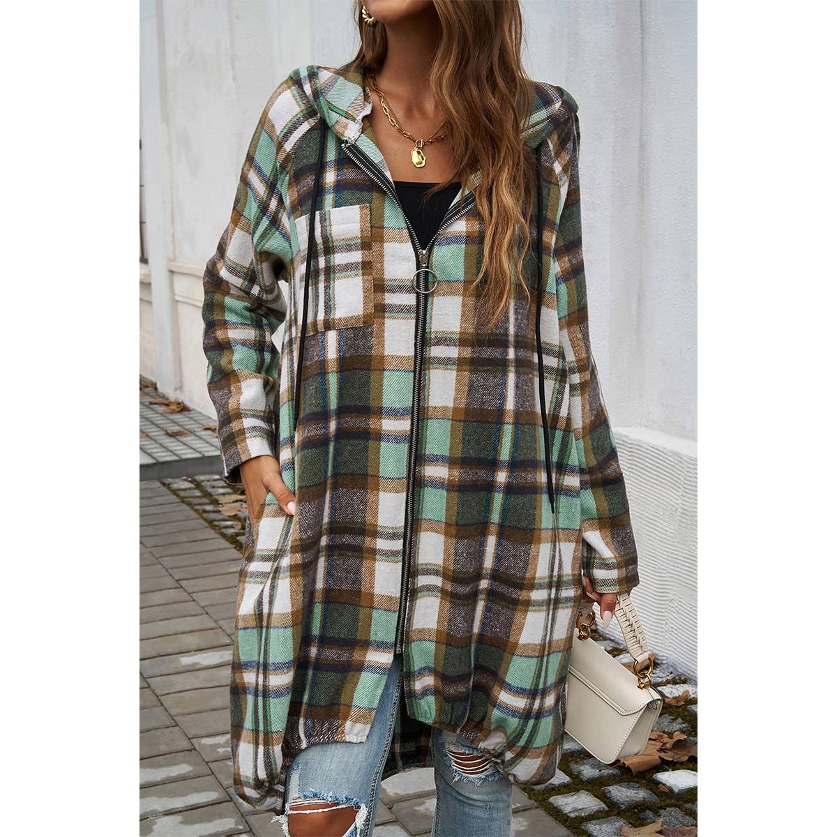 Supreme Fashion - Wholesale Coat - Women's - Plaid Zip Up Pockets Long Hooded Coat4