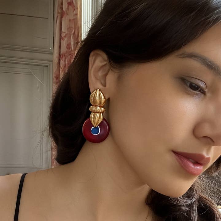 amethyst Gold Drop Earring With Pink Tourmaline Resin Drop for wholesale on Faire1