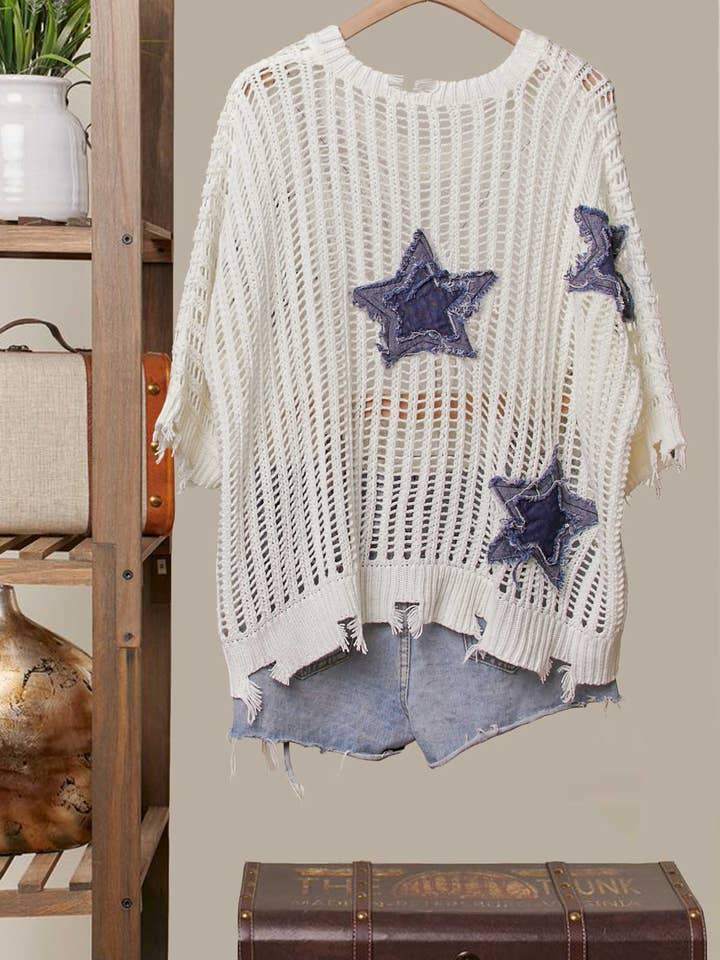 Mello. - Wholesale Knit Sweater - Women's - Distressed Star Knit Pullover1