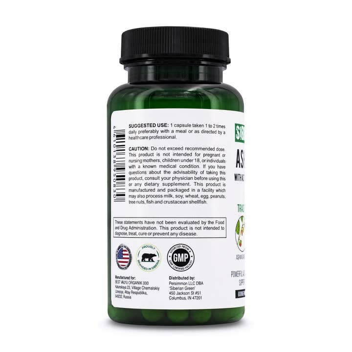 SiberianGreen - Wholesale Oral Supplement/Vitamin - Organic Ashwagandha Root Astragalus & Siberian Eleuthero Ginseng Complex 60 Caps