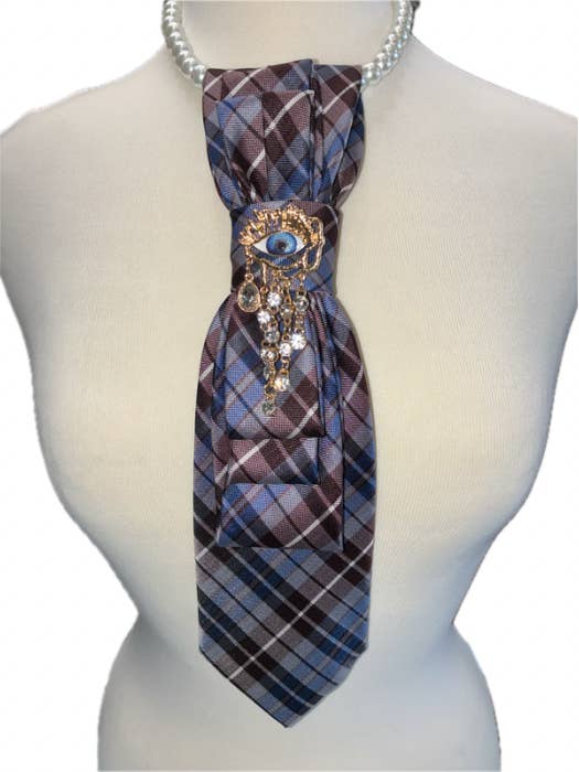 Custom Necktie Necklace - Blue and Brown Plaid w/ Eye Brooch for wholesale by See it…Love it…Buy it