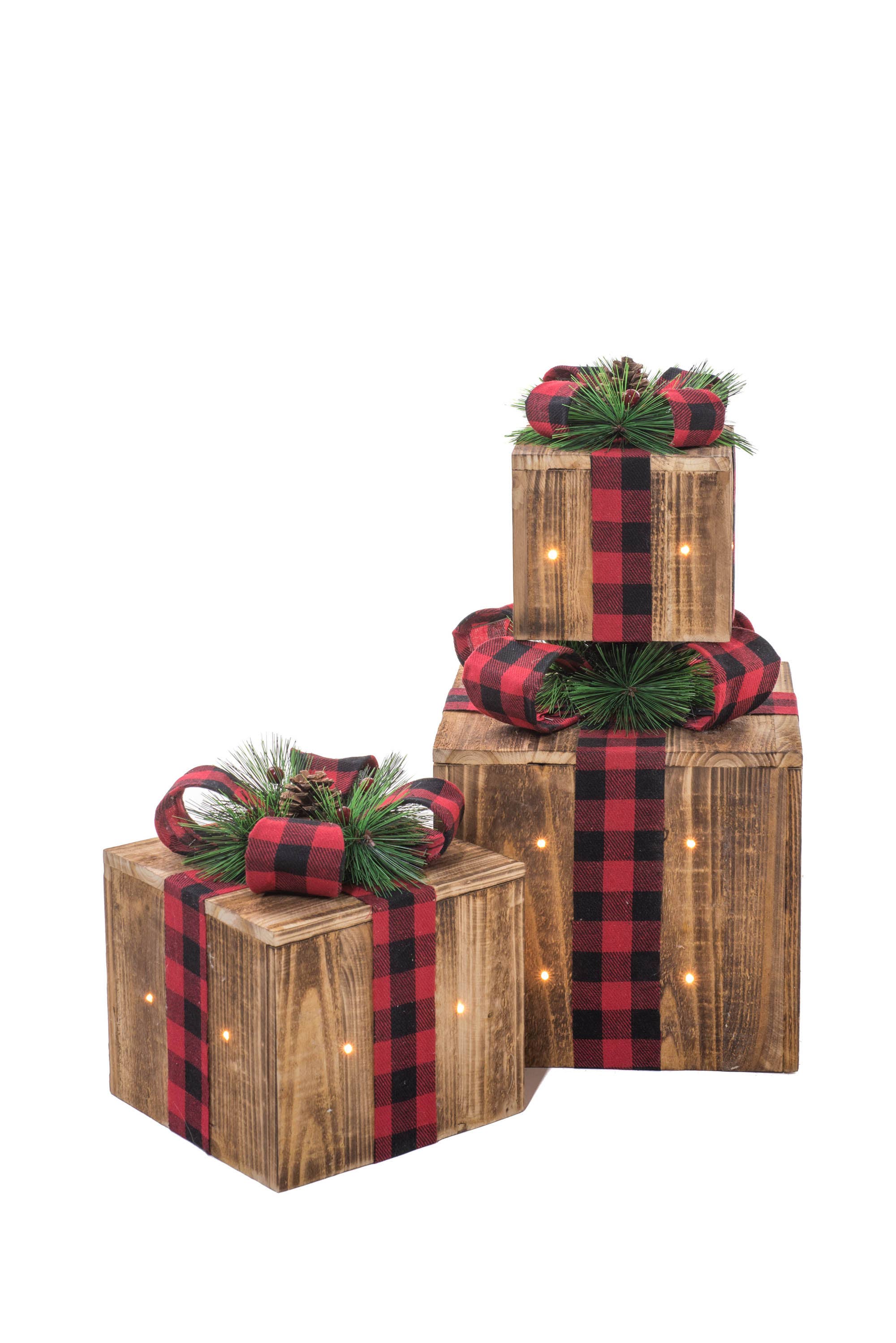 Starlight Collection - Wholesale Christmas Decoration - Umber Illuminated 3 Piece Present Set w/ Plaid Ribbon3