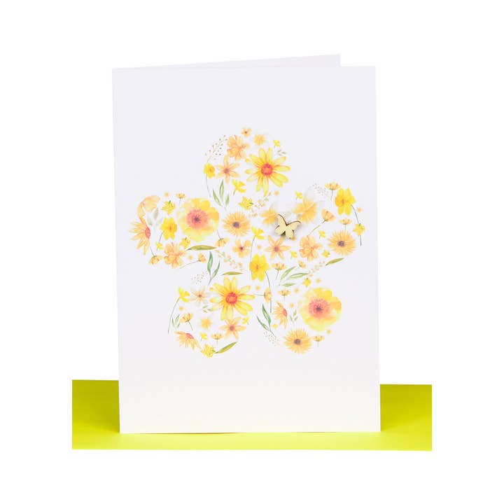 Gula blommor gratulationskort - trä fjäril för wholesale av Lil's Cards