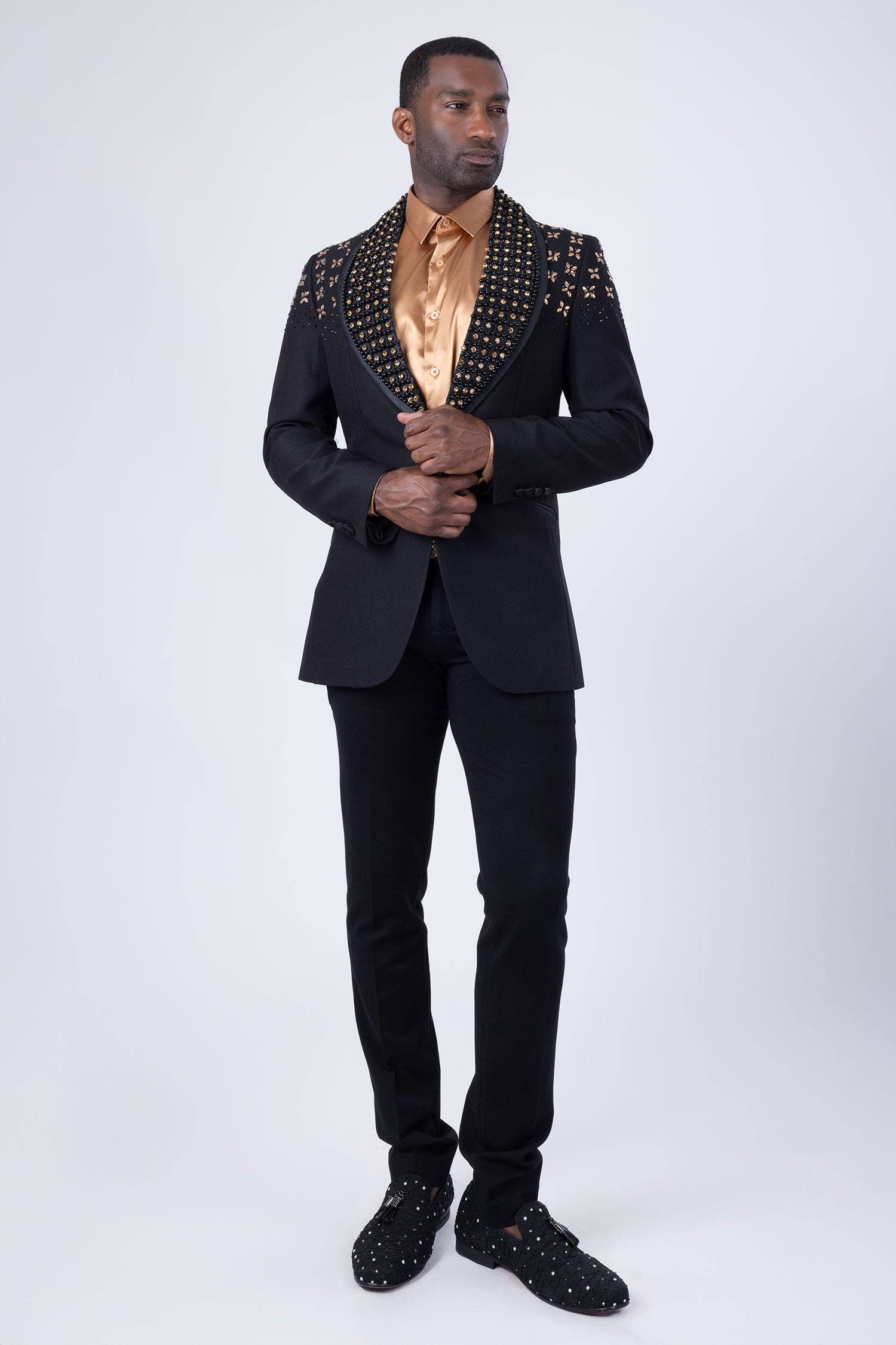 BARABAS - Wholesale Blazer - Men's - Men's Floral Rhinestone Shawl Lapel Blazer 4EBL4614