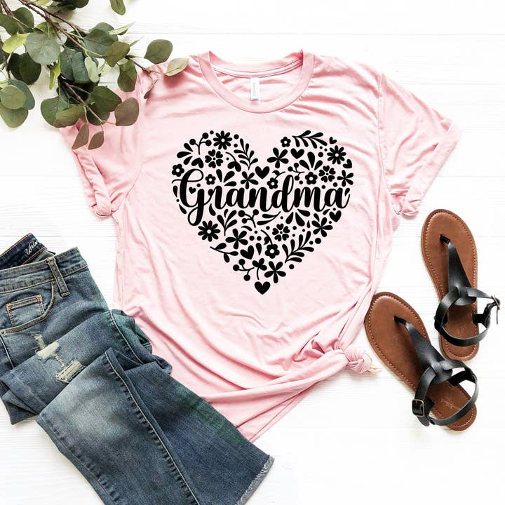 PrimestoreUS - Wholesale Screen Printed T-Shirt - Women's - Grandma Flower Heart Shirt, Gift for Nana, Grandmother2