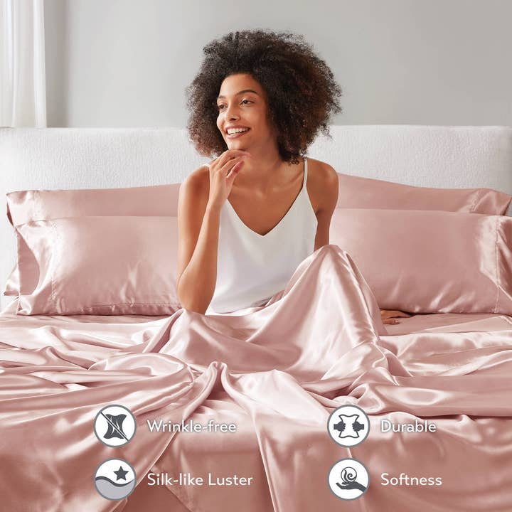 Olliix - Wholesale Sheet Set - Luxury Satin 6-Piece Sheet Set, Blush Pink6