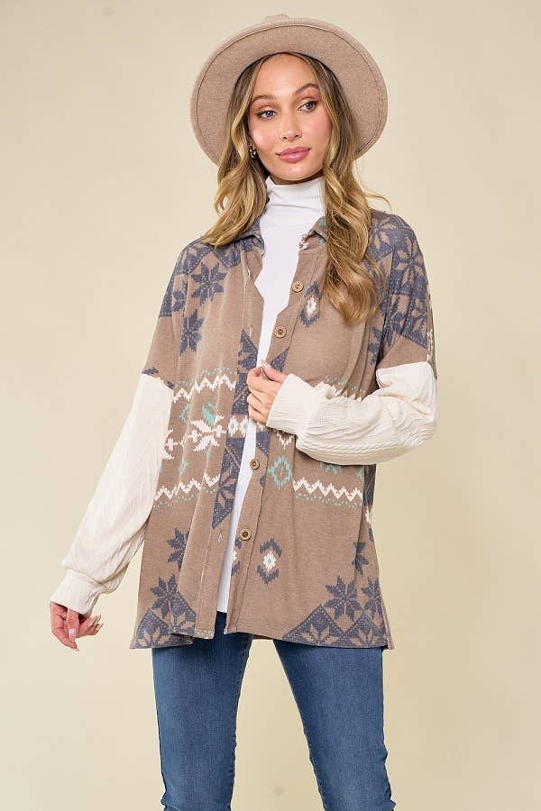 lovely melody - Wholesale Shirt Jacket/Shacket - Women's - LMT3653-Snowflake shacket Print12