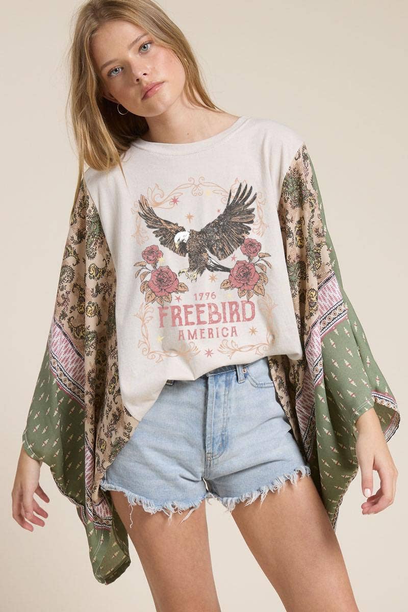 Zutter - Vente T-shirt sérigraphié – femme - Haut Kantha Graphique Free Bird America 1776