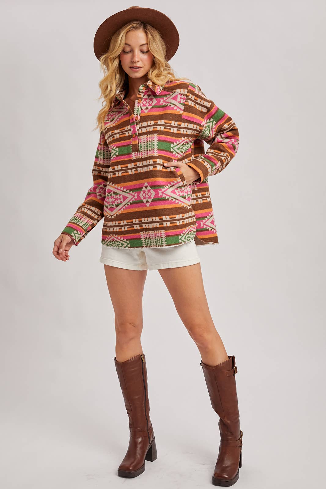 Bluivy - Vendita all'ingrosso Giacca a camicia - Donna - MAGLIONE PULLOVER CON STAMPA GEOMETRICA OCCIDENTALE E MEZZA ABBOTTONATURA16