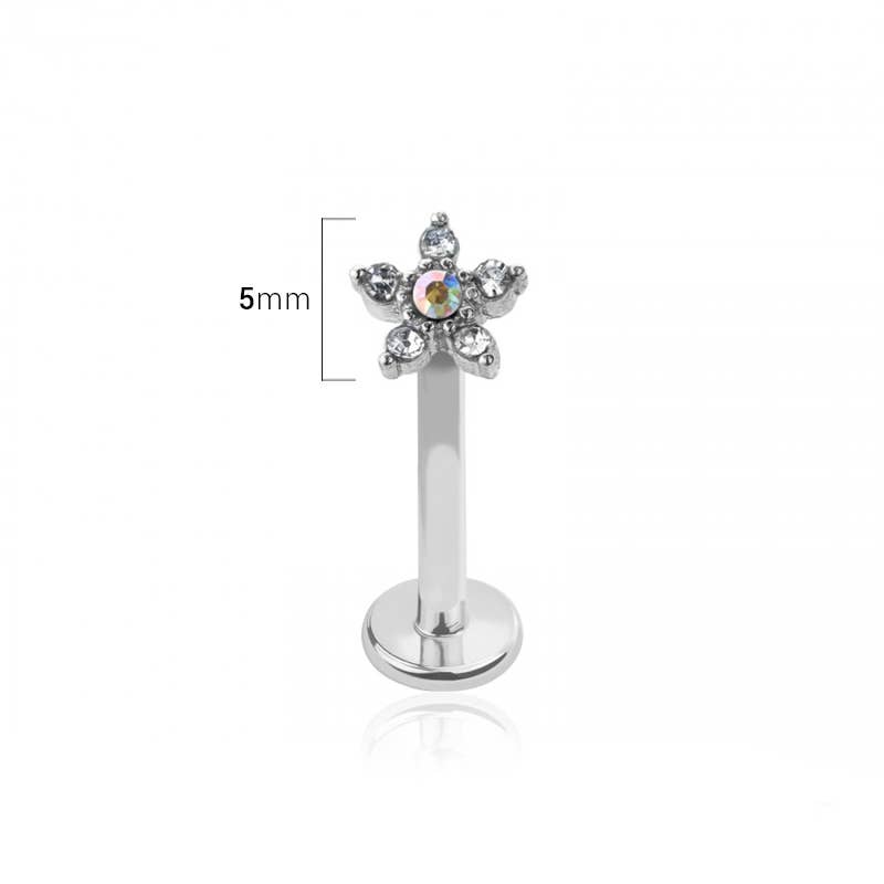 CRAVE - Wholesale Single Earring - INTERNALLY THREADED 5 PETALS CZ FLOWER TOP 316L SS LABRET2