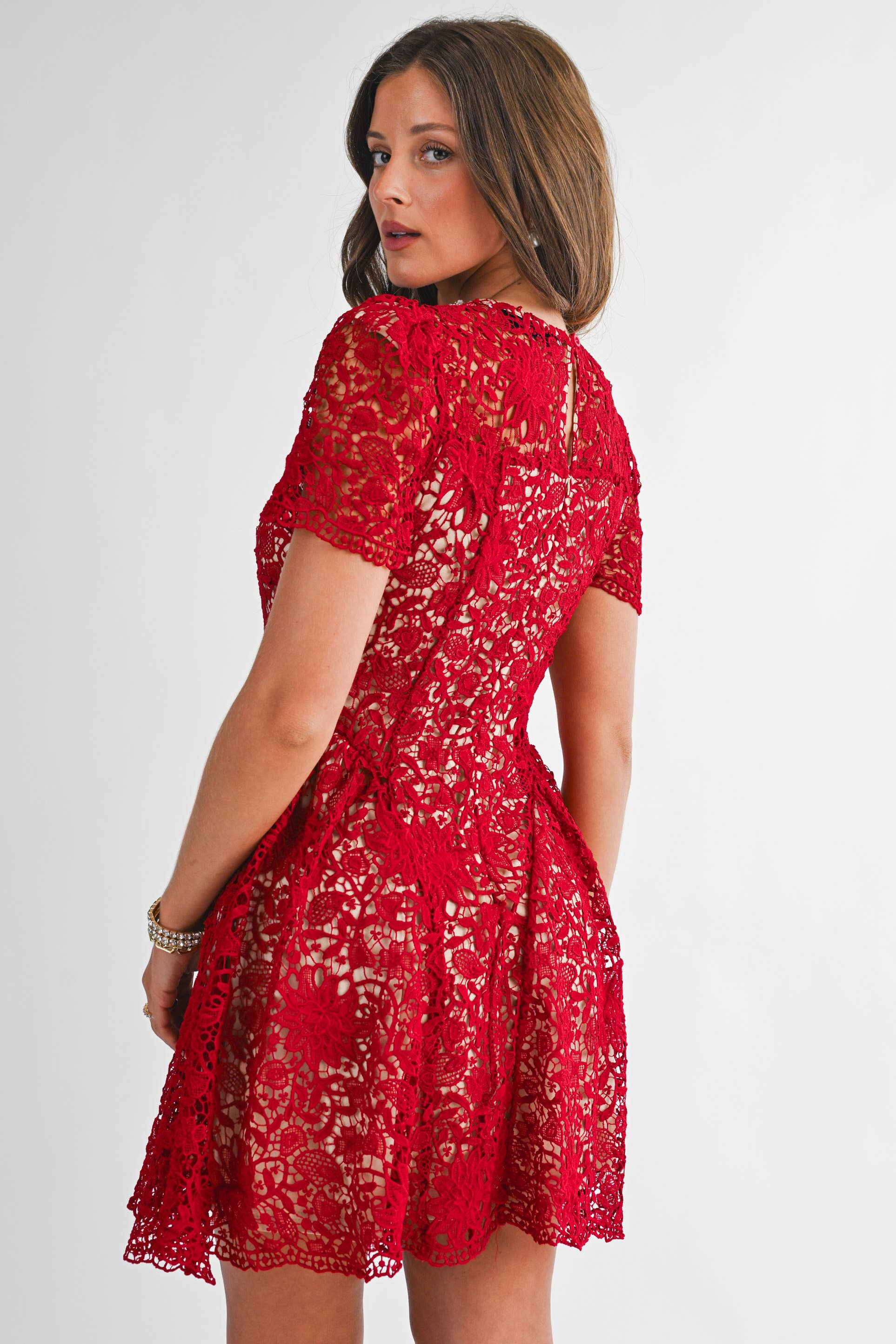 Red YD5057 Embellished Lace Fit & Flare Mini Dress for wholesale on Faire3