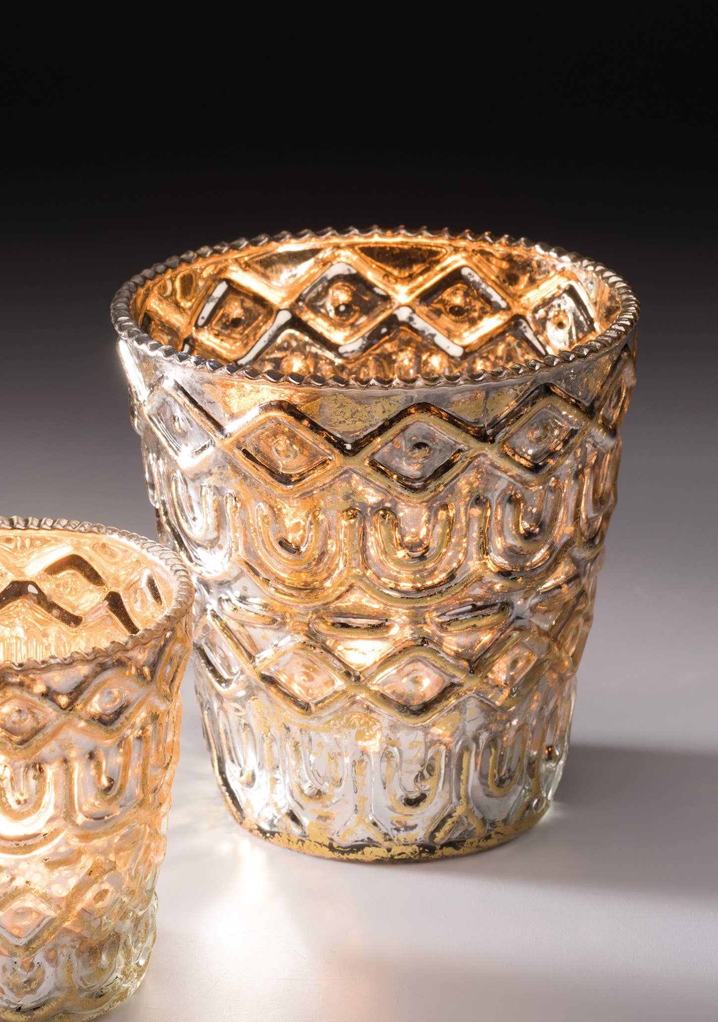 Namaste – wholesale Candle holder – Large Silver/Gold Foil Glass Votive Holder0