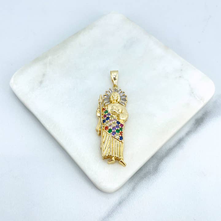 Luxus Accessories - Wholesale Individual Charm/Pendant - 18k Gold Filled Religious Pendant Clear Baguette & Multicolor Micro CZ Saint Jude